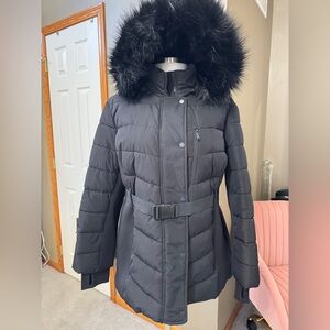London Fog Black Quilted Belted Puffer Coat with Faux Fur Hood